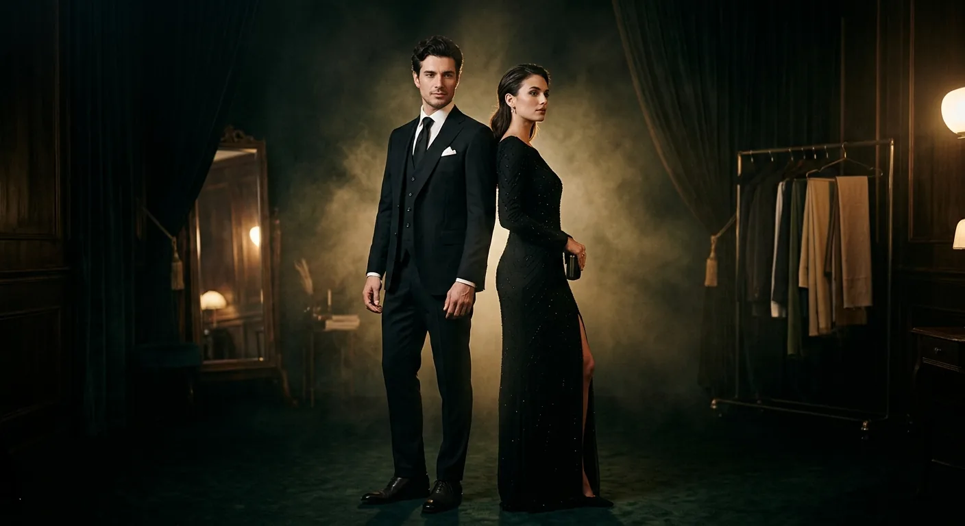 A couple in impeccably tailored formalwear