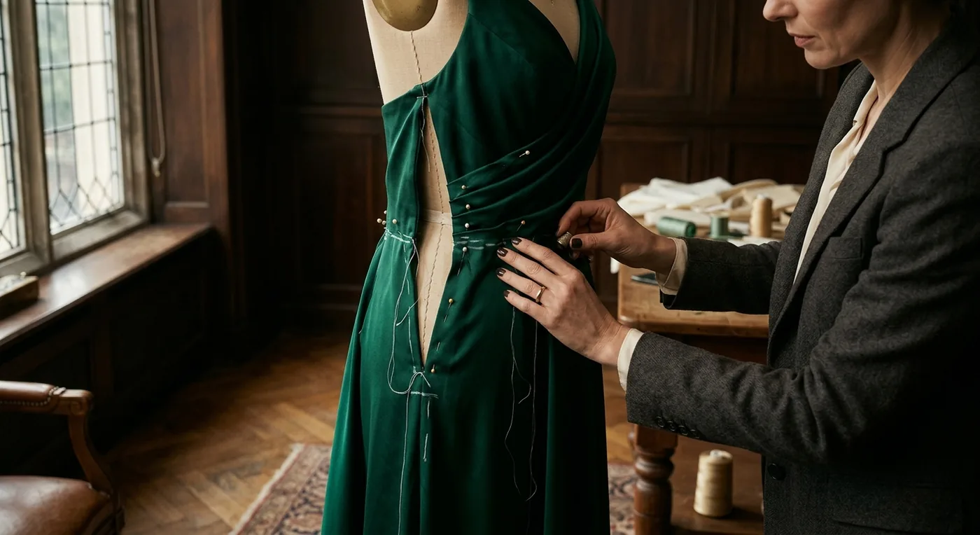 A master tailor altering an emerald gown on a form