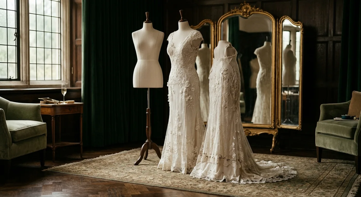 Two lace wedding gowns fitted on dress forms